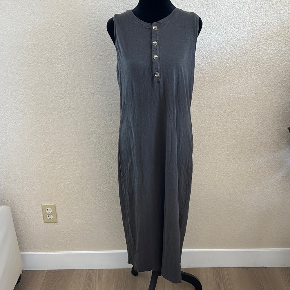 Mate The Label 100% Cotton Avery Henley Button Front Tank Grey Midi Dress 0119 - Picture 3 of 9